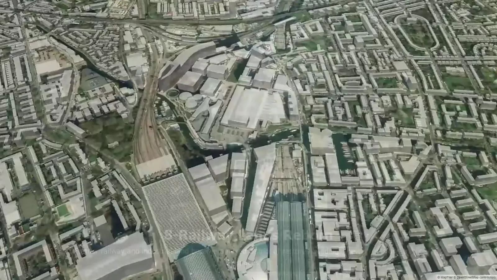 Split-screen city viewpoint from two eras linked by a subtle map route.