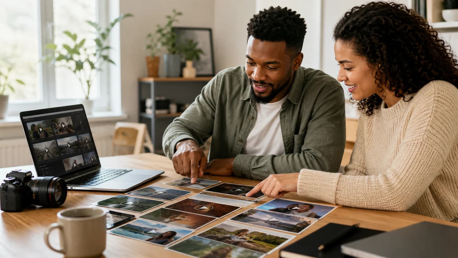 Photos, video clips, music and places arranged as the ingredients of a slideshow comparison.
