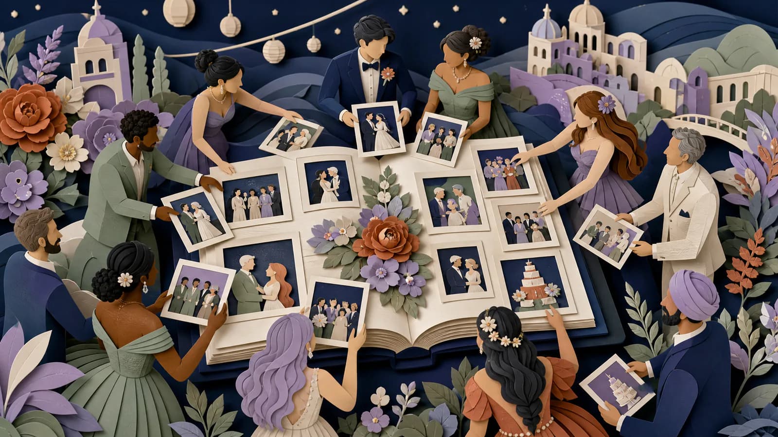 Paper wedding guests placing their photos into one shared album