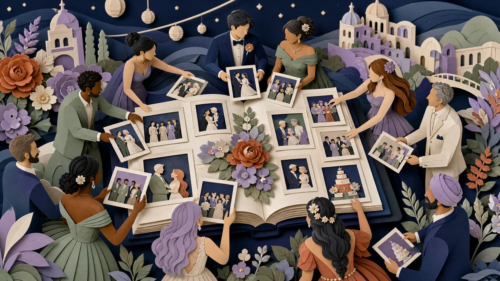 Paper wedding guests placing their photos into one shared album