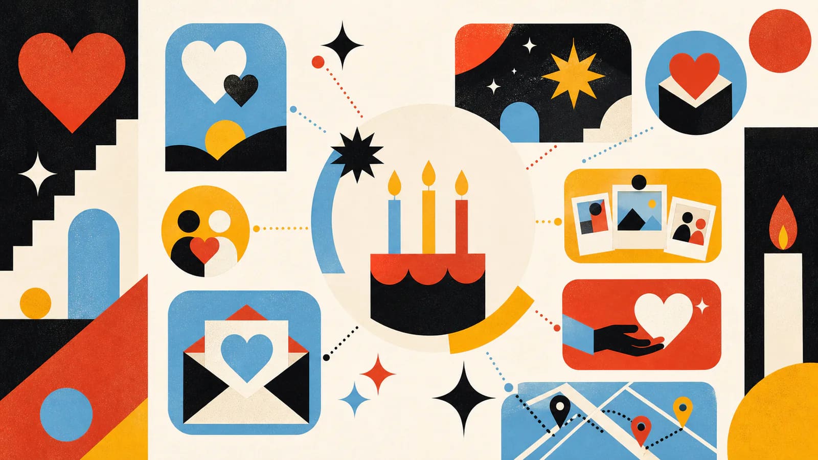 Geometric birthday wish symbols arranged around a cake and connected memories