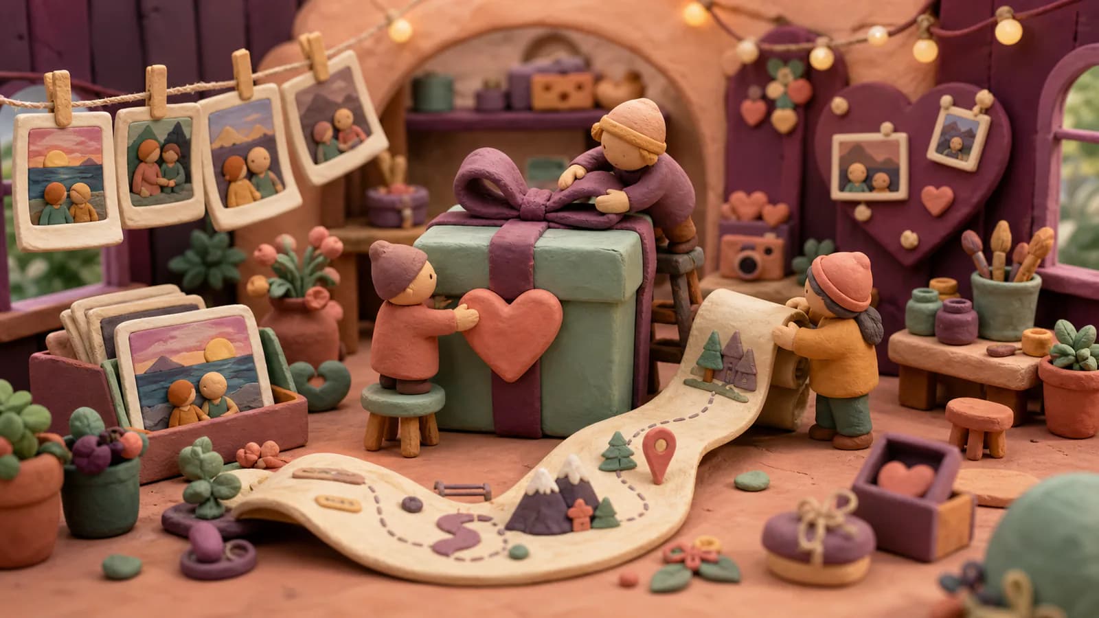 Clay figures assembling photos, a memory route, and a personal birthday gift