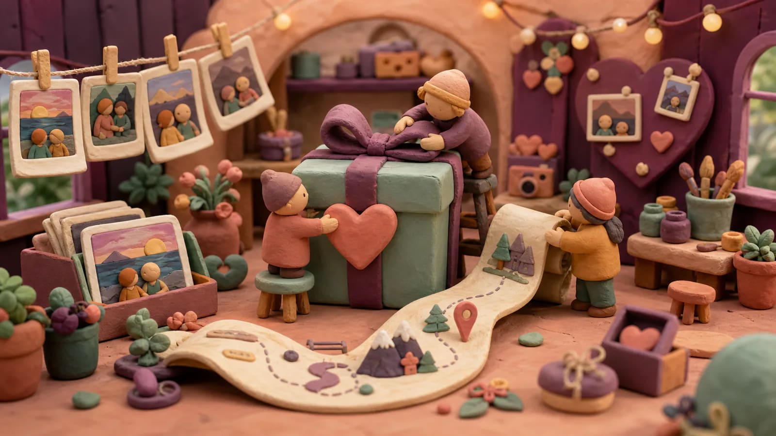 Clay figures assembling photos, a memory route, and a personal birthday gift