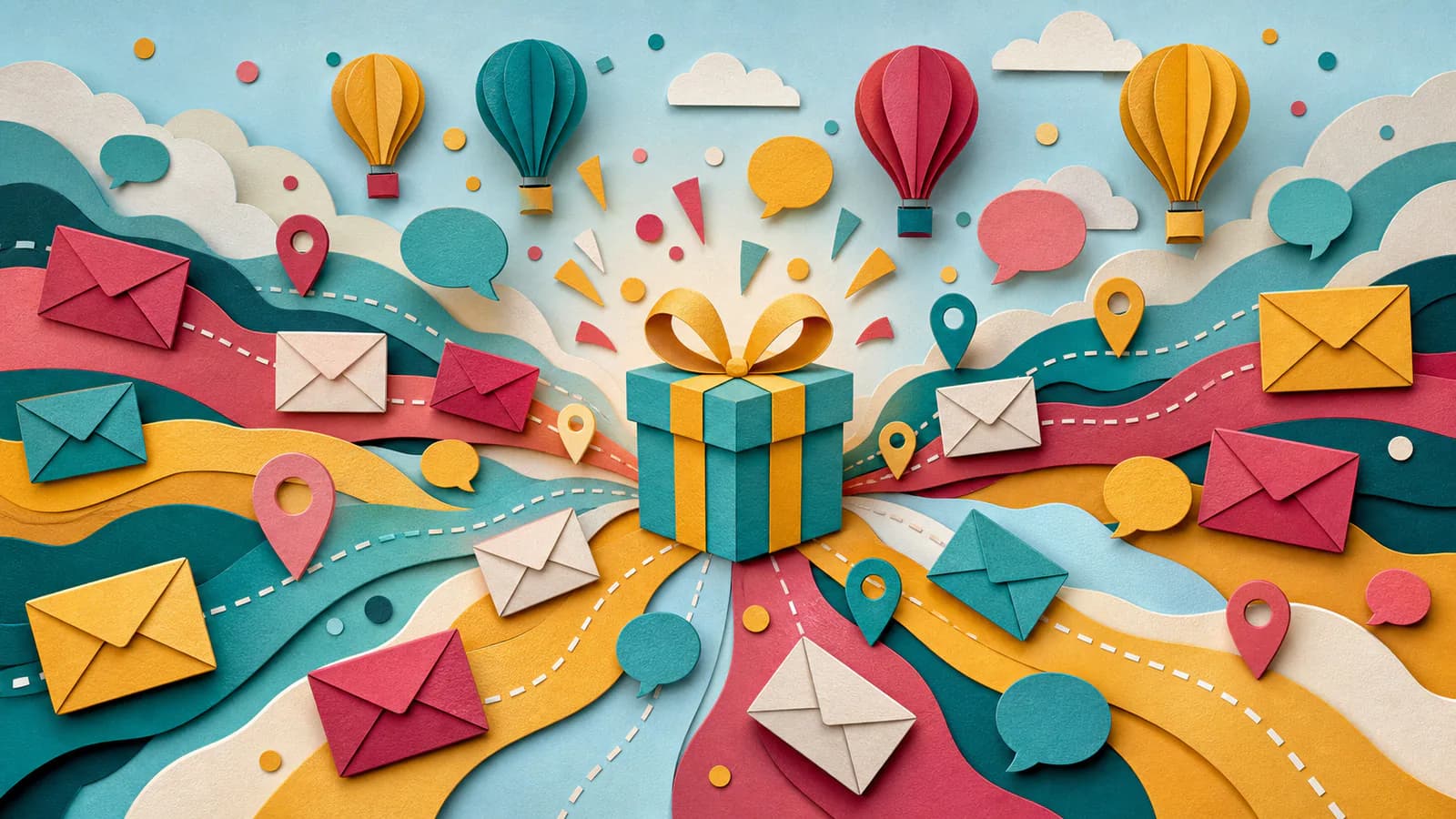 Cut-paper birthday greetings traveling from many places toward a central gift