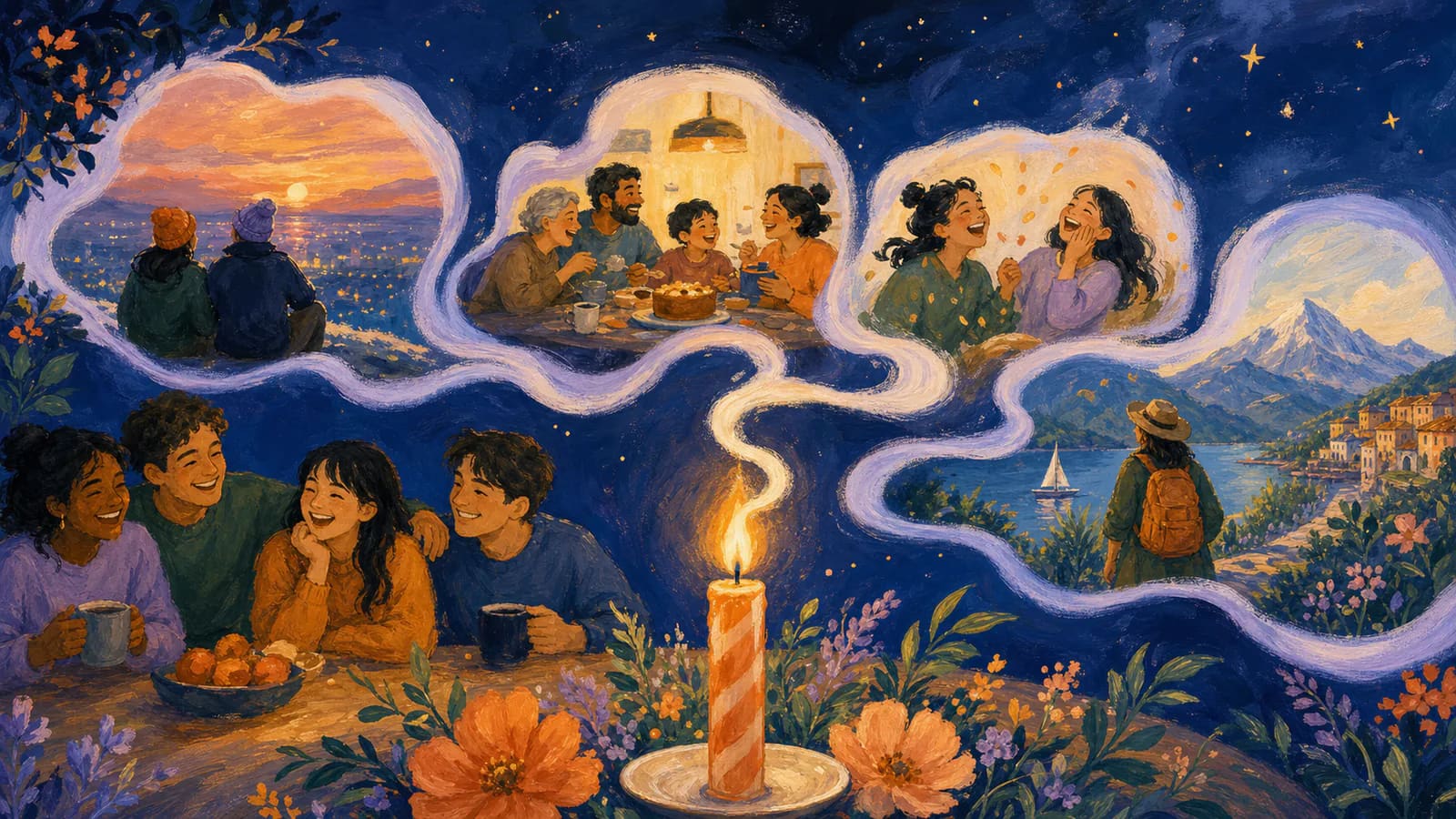 Painted birthday candle whose smoke flows through scenes of shared memories