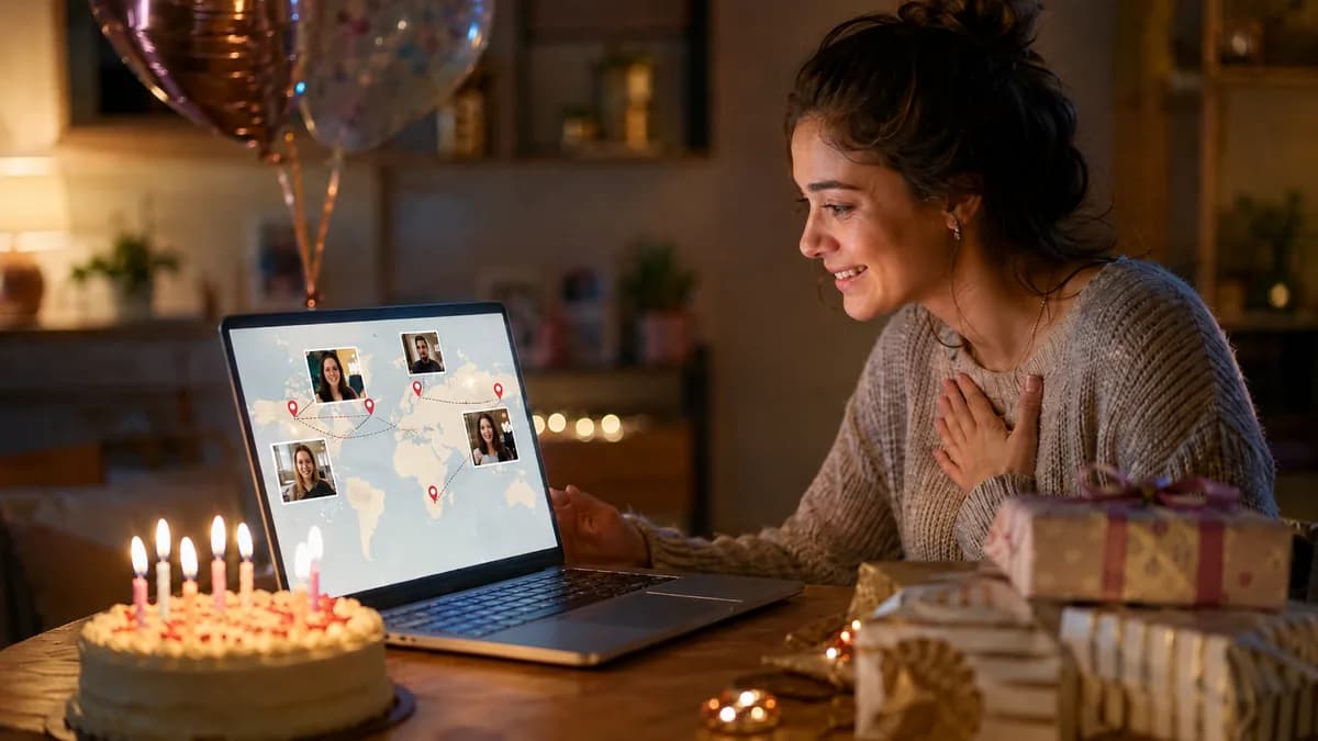 Birthday cake and laptop showing a birthday map video gift