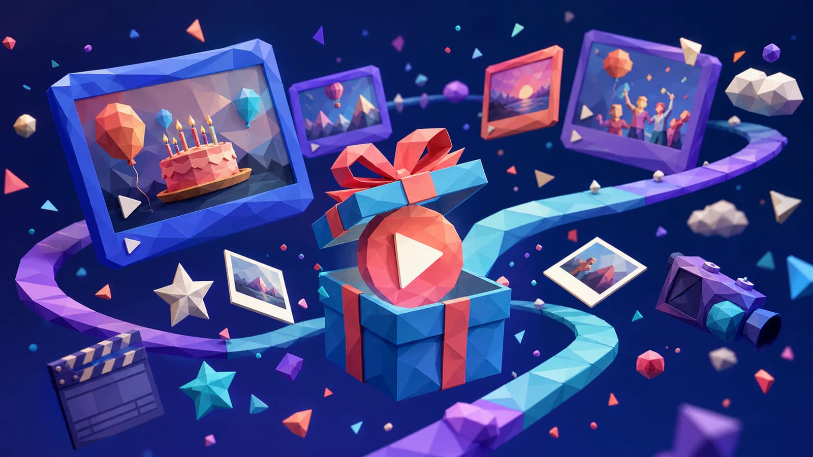 Low-poly birthday video frames and memories orbiting a colorful gift