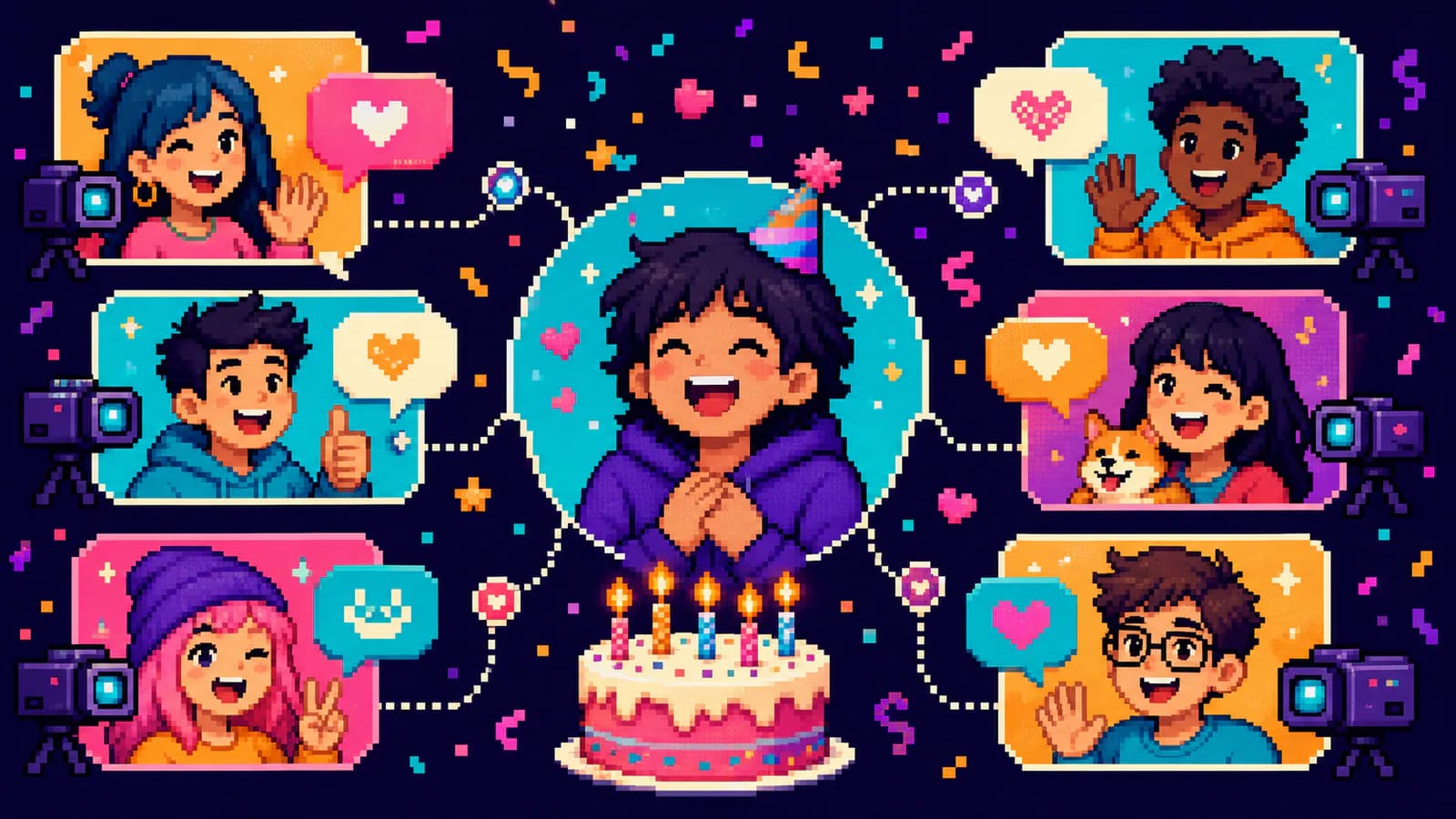 Pixel-art birthday video messages surrounding a smiling celebrant and cake