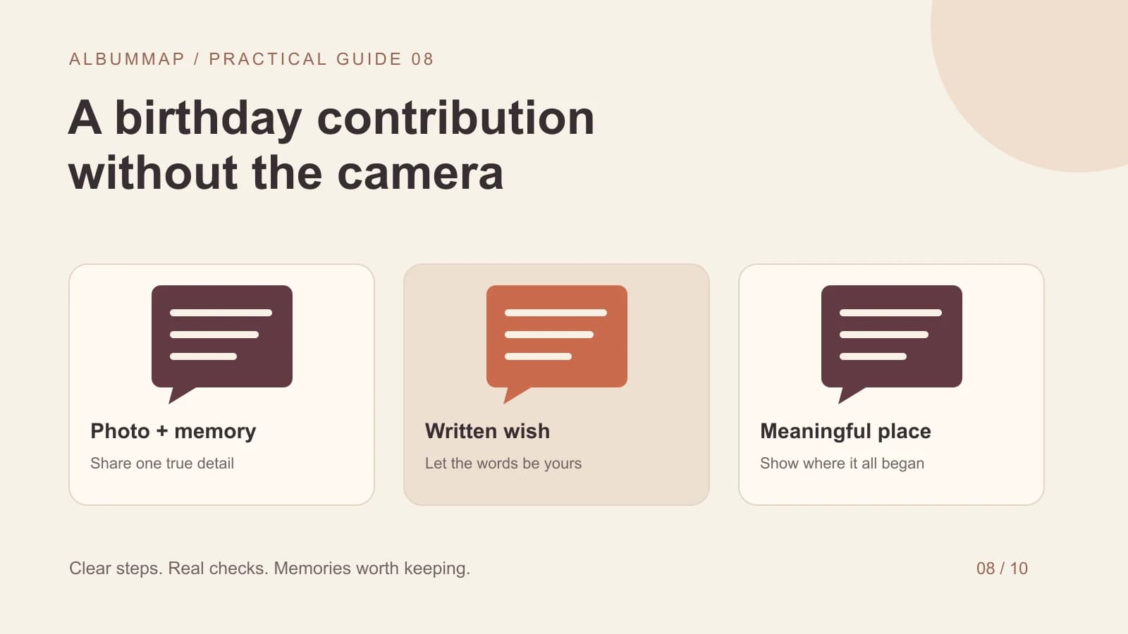A birthday contribution menu with photo, written message, voice, and meaningful-place options instead of a face on camera