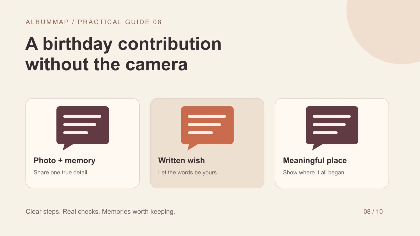 A birthday contribution menu with photo, written message, voice, and meaningful-place options instead of a face on camera