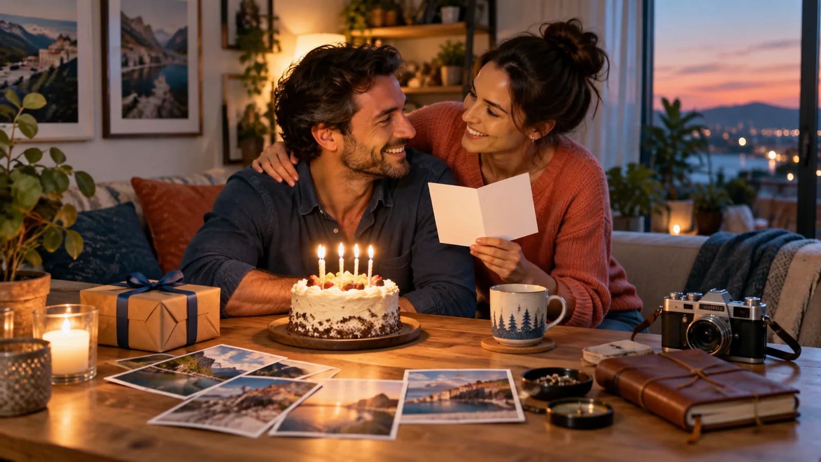 Wife celebrating her husband's birthday with a warm card, cake, shared photos, travel memories, and family video messages.