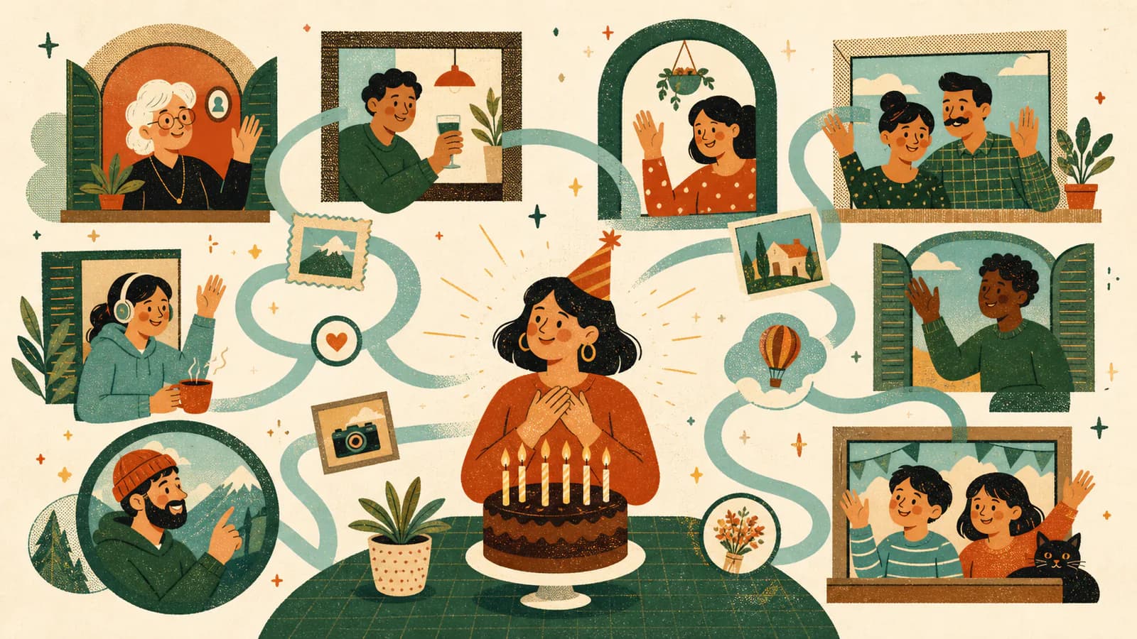 Illustrated birthday wishes from friends and family connected across many places