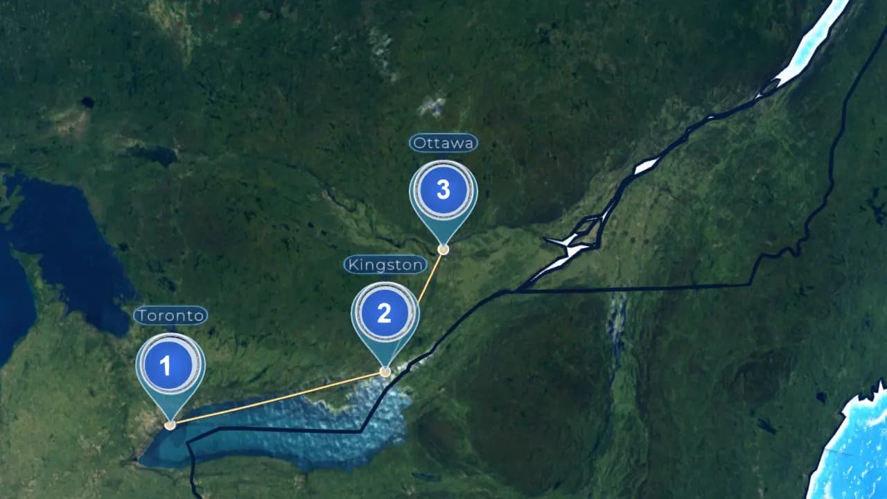 Numbered Toronto, Kingston and Ottawa locators in the article’s five-stop road-trip map demonstration