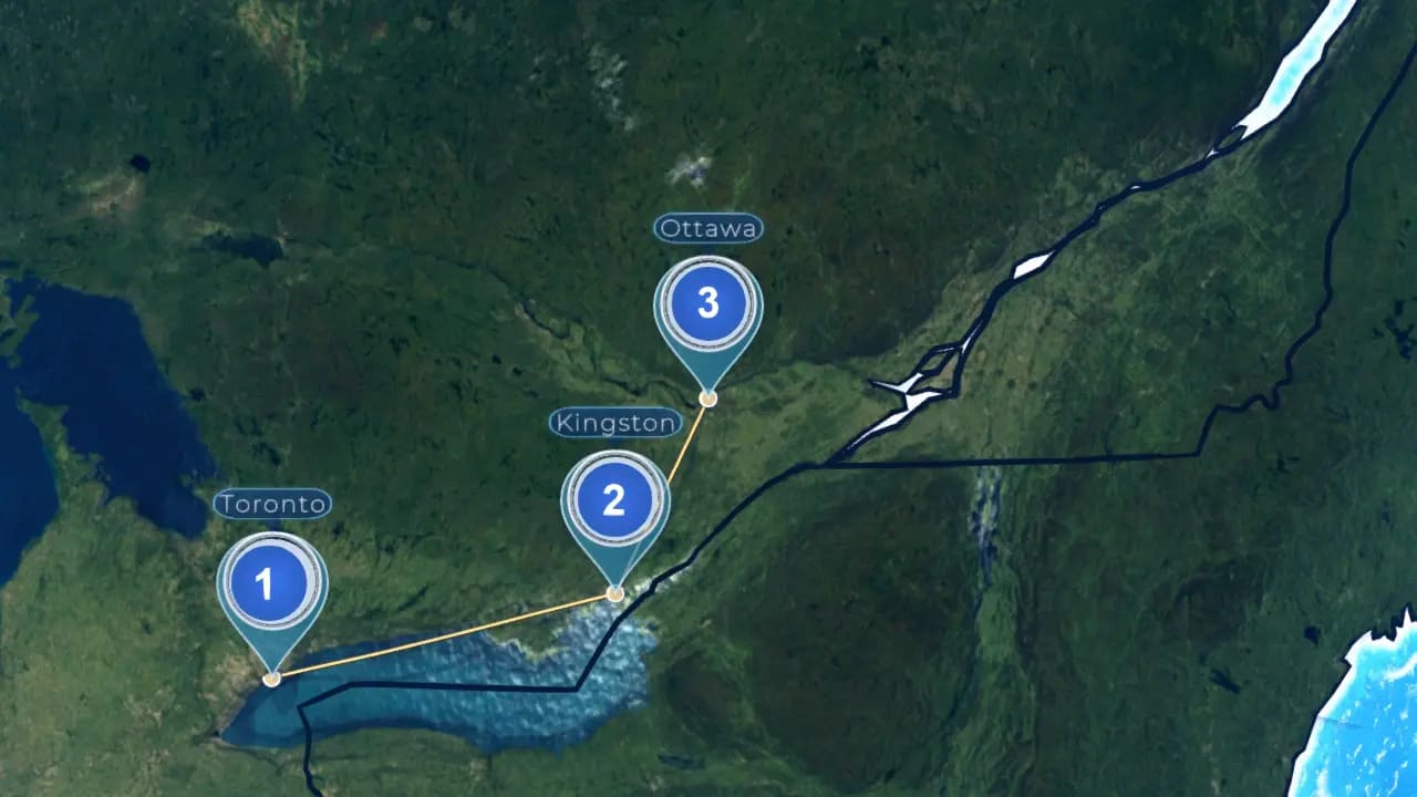 Numbered Toronto, Kingston and Ottawa locators in the article’s five-stop road-trip map demonstration