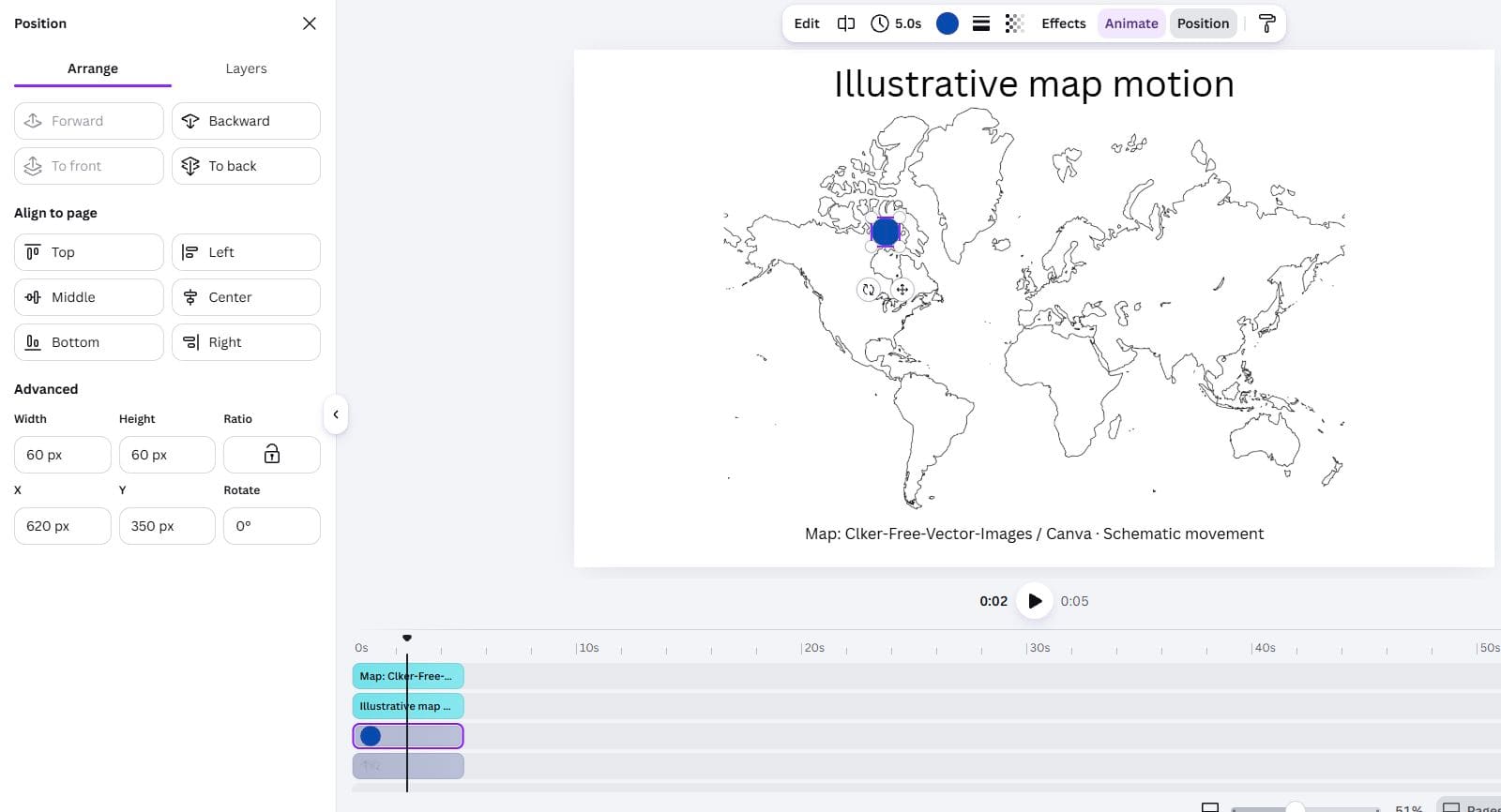 Canva Position panel showing the circle at width 60, height 60, X 620 and Y 350 pixels beside the composed world map