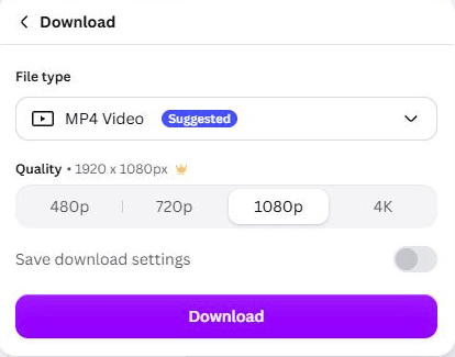 Actual Canva Download panel with MP4 Video, default 1920 by 1080 quality and an ordinary Download button