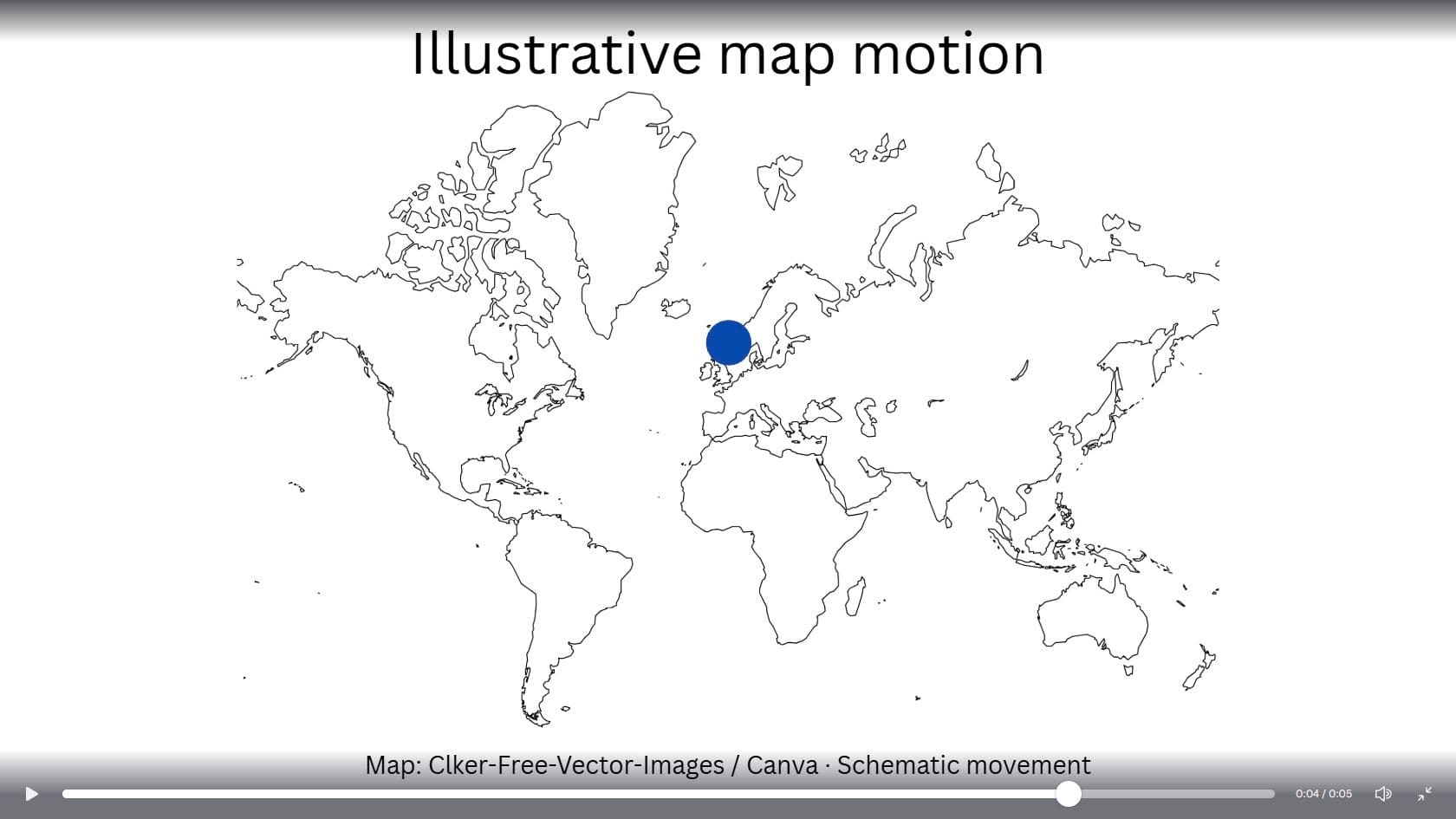 Actual Canva preview paused at about four seconds, showing a blue circle near northern Europe over a still outline world map