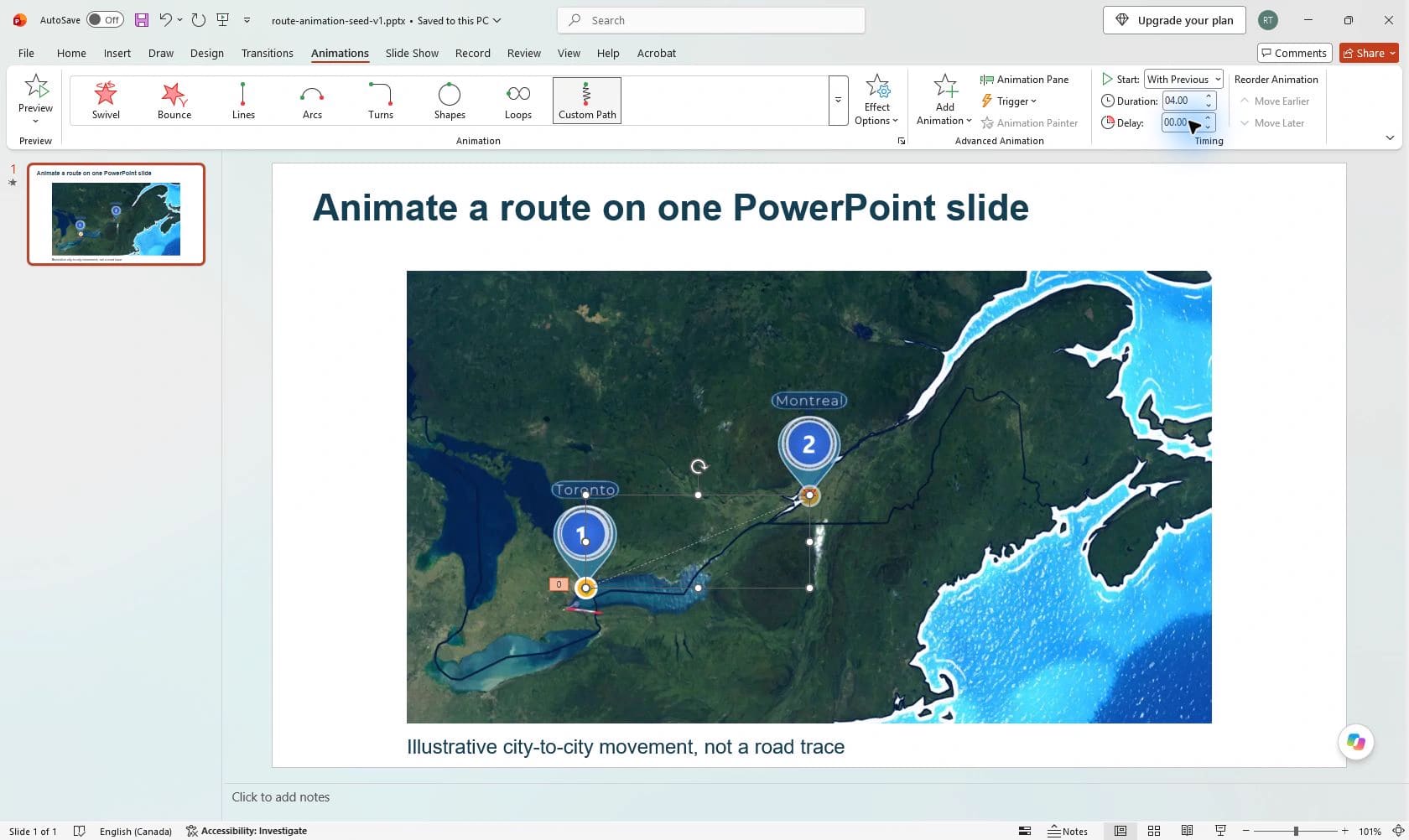 Actual PowerPoint Animations ribbon showing Custom Path, With Previous, four-second duration and zero delay above the two-city map