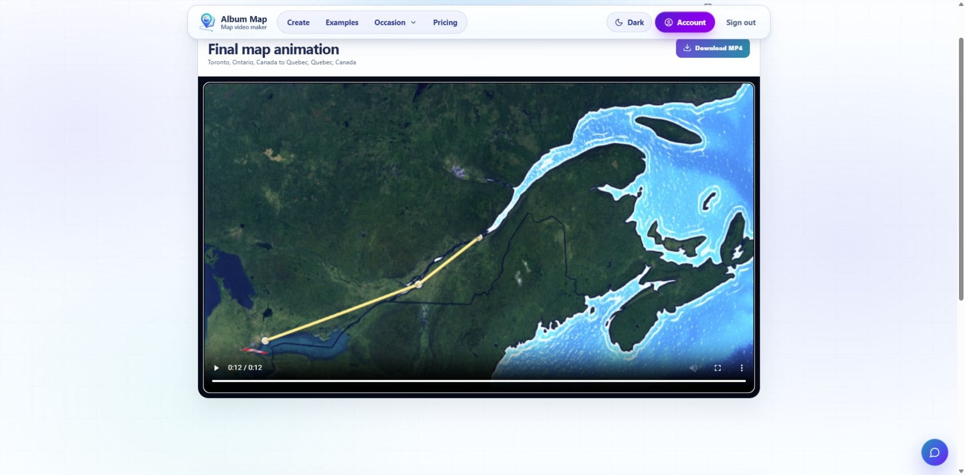 Actual AlbumMap final-export viewer at twelve seconds, showing the completed Toronto to Montreal to Quebec route