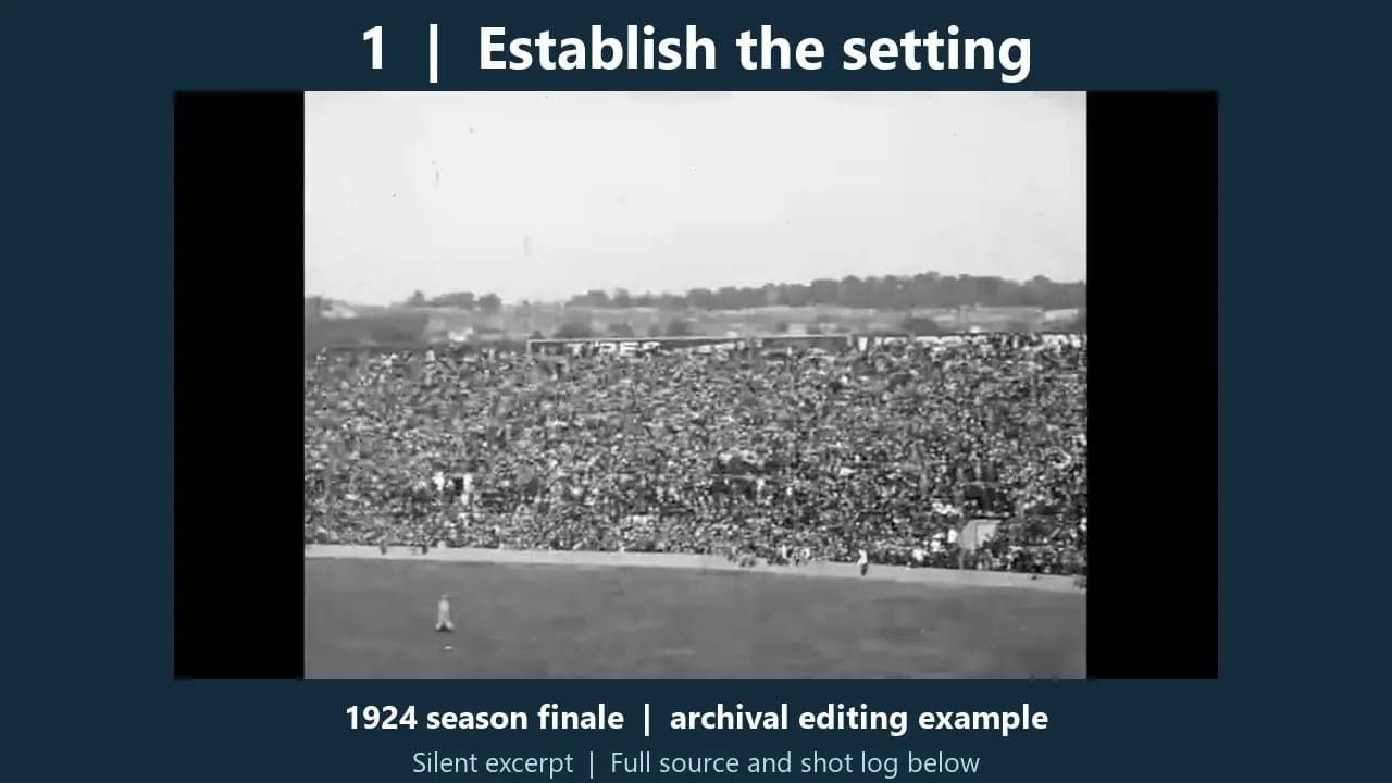 Archival baseball crowd footage in the demonstrated 1924 season-finale edit