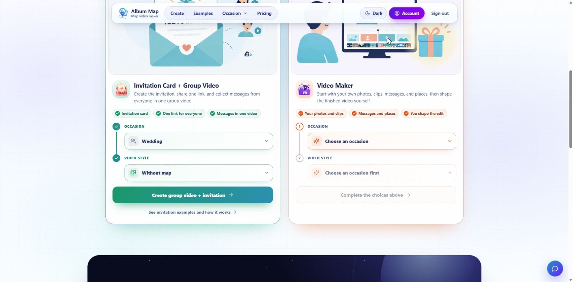 AlbumMap’s public chooser with the wedding group-video and invitation path selected