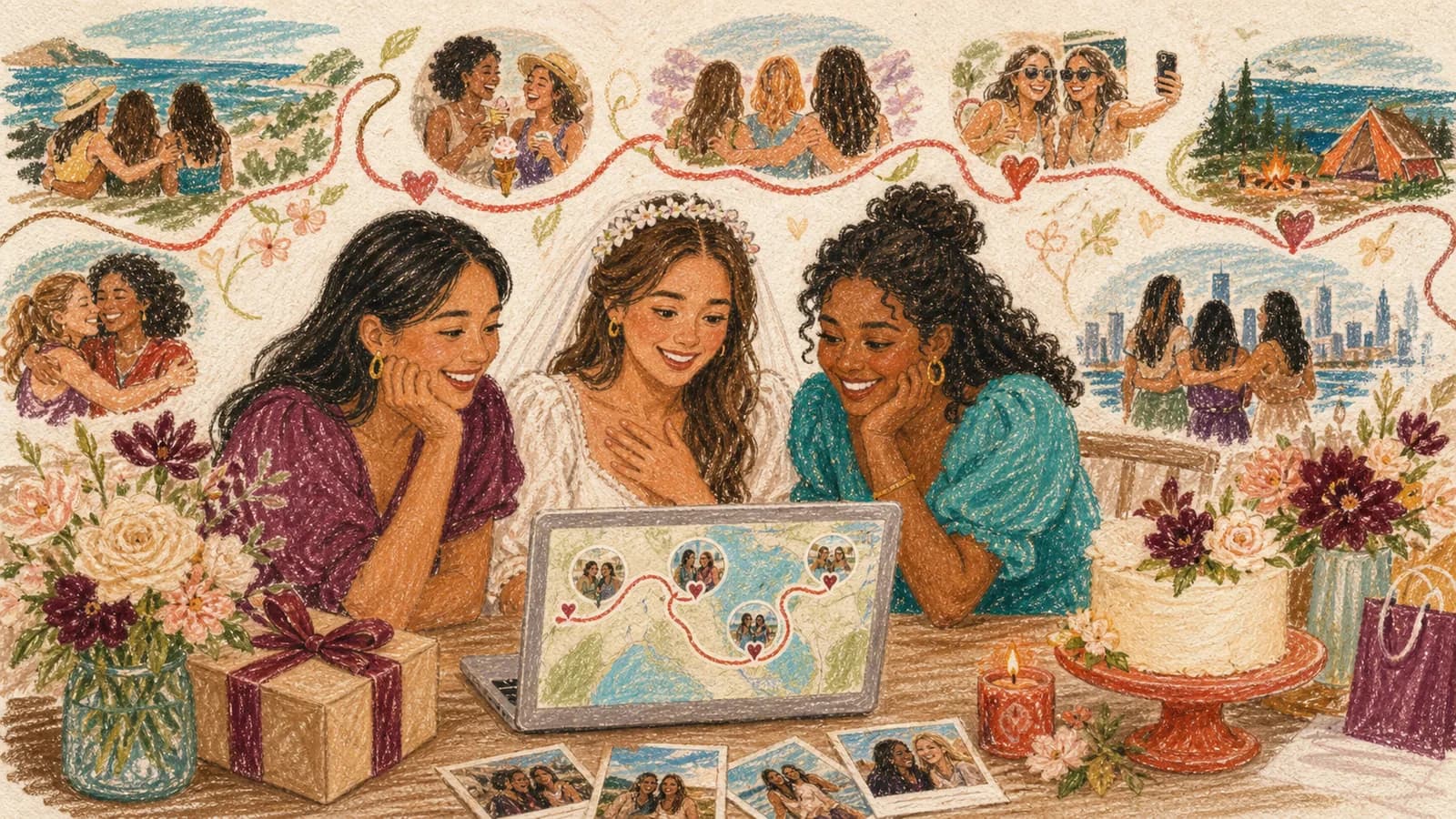 Bride-to-be watching a bridal shower video gift with friends