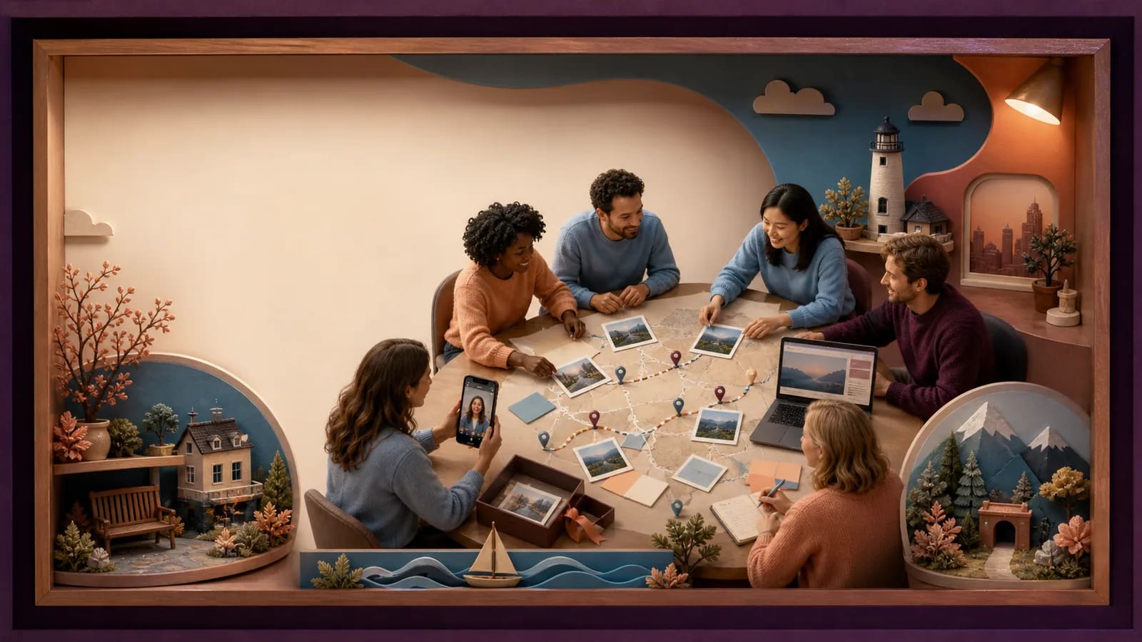 Coworkers creating a career map with milestone photos, locations, and farewell messages