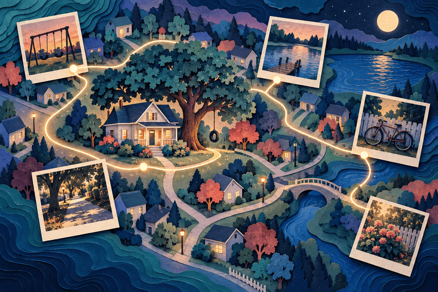A hand-drawn childhood neighbourhood map surrounded by photographs and familiar objects.