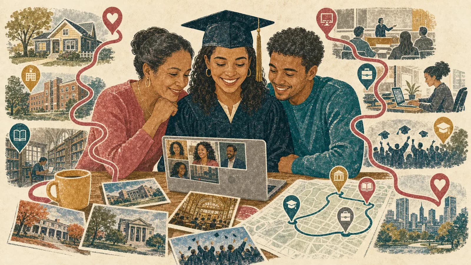 College graduate planning a video with family messages, campus photos, and meaningful locations