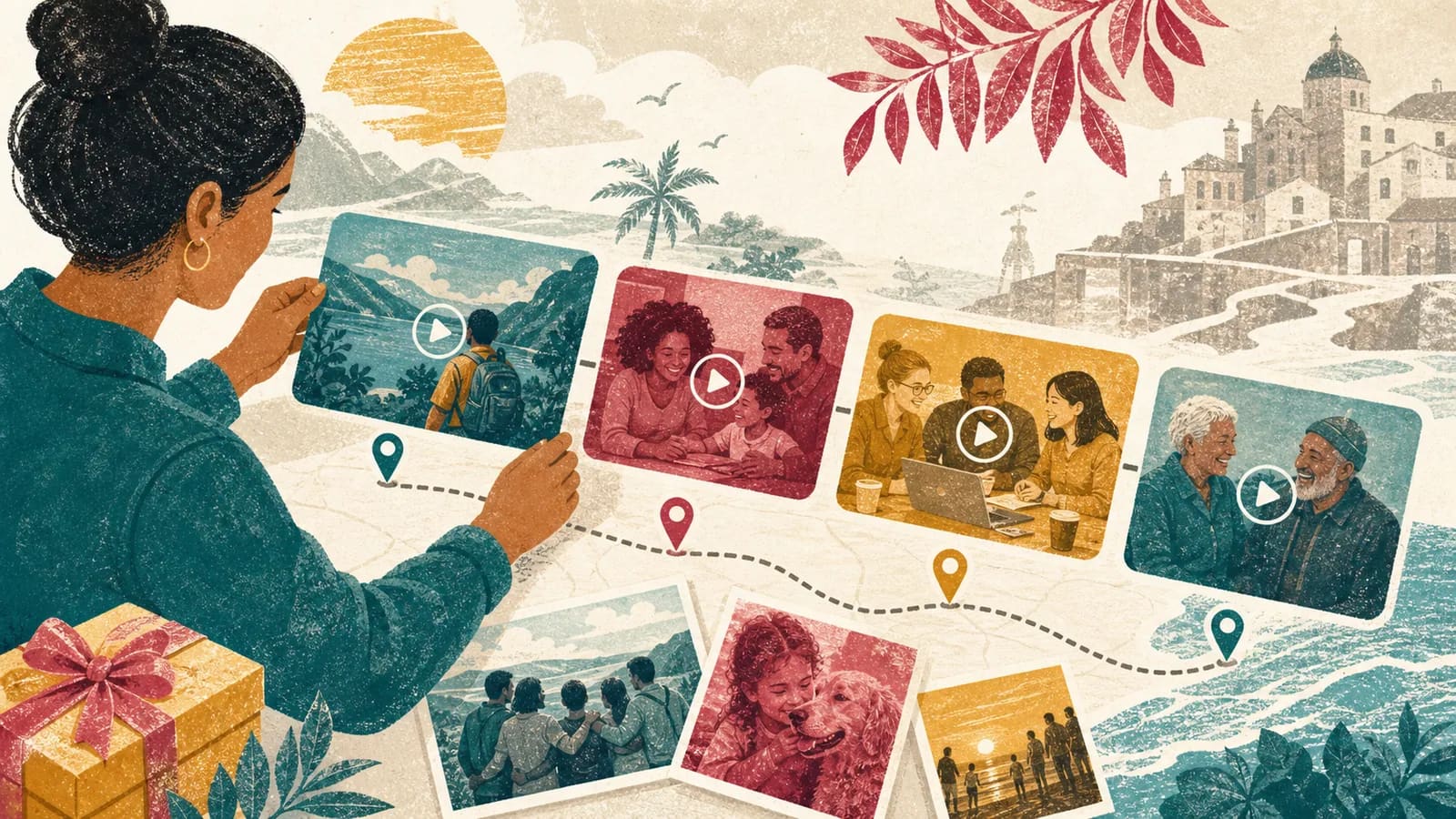 Organizer arranging video messages, photos, and locations into one meaningful story