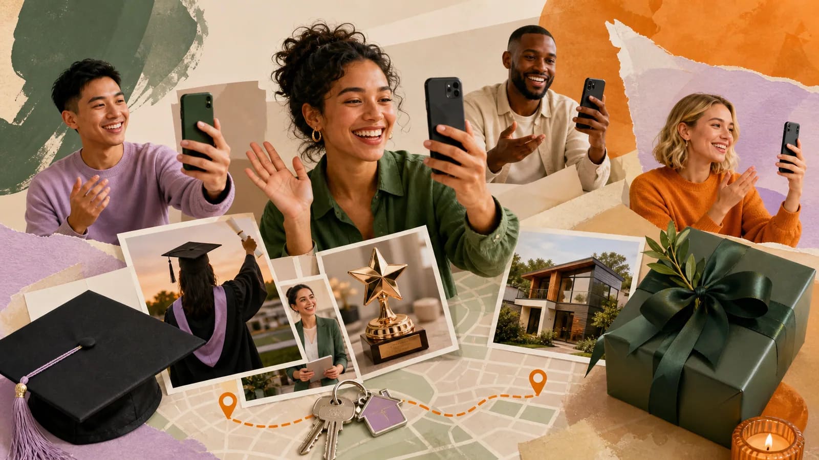 Friends recording congratulations messages beside achievement photos and a map route