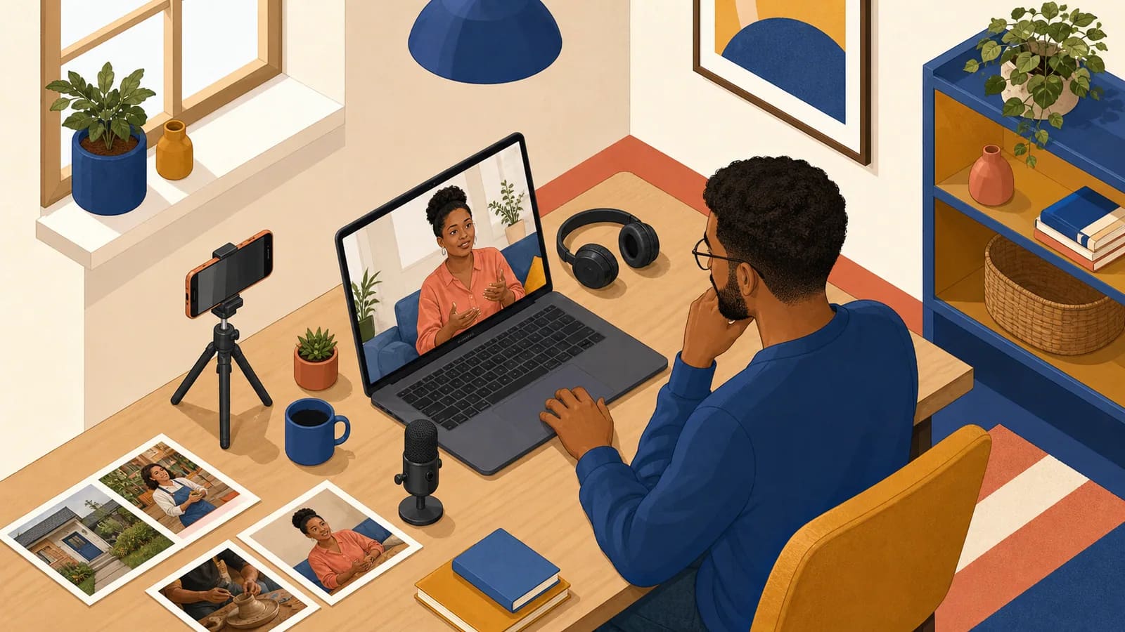 Business owner editing a customer testimonial video with interview clips and supporting photos