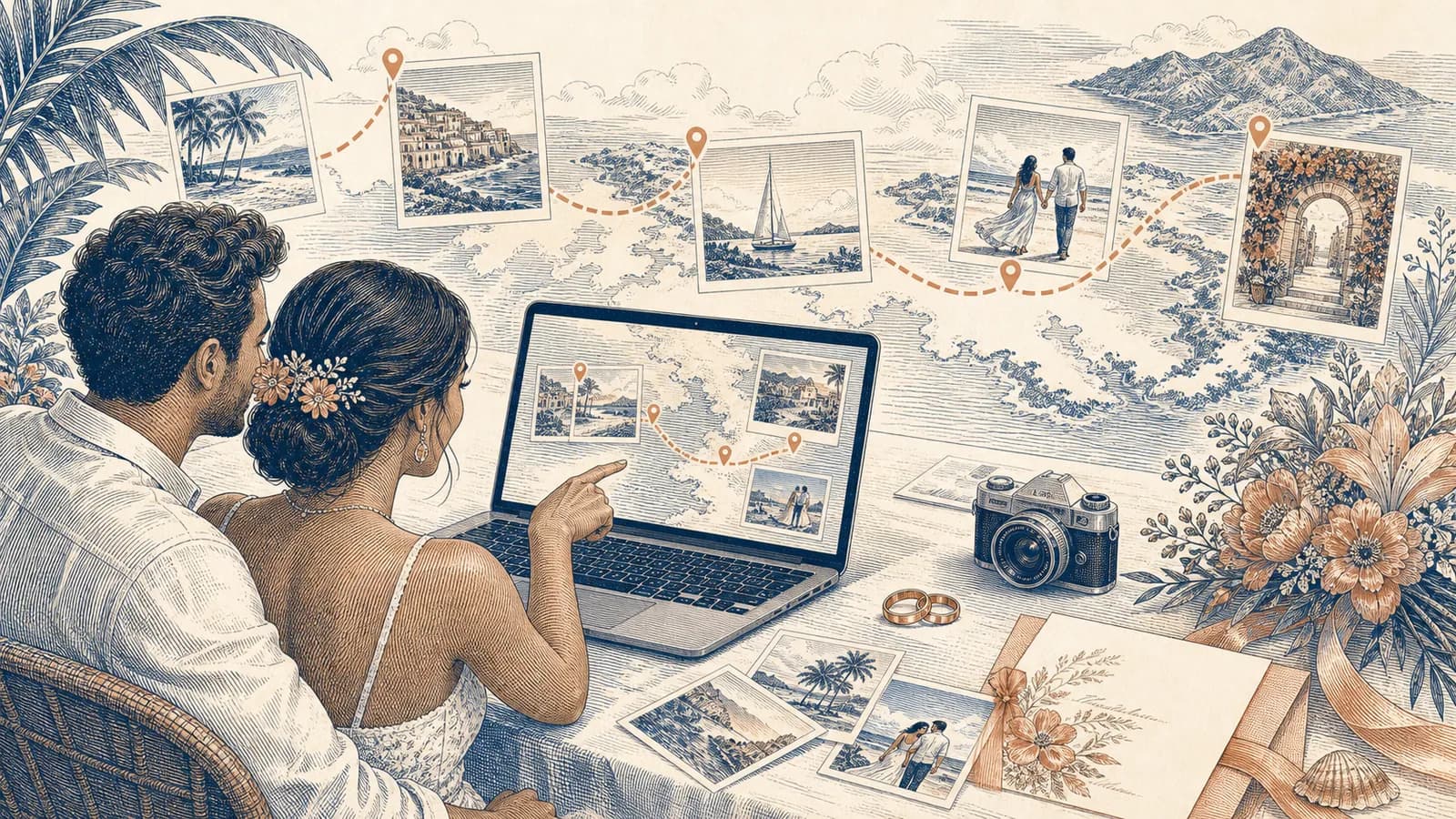 Couple viewing a destination wedding memory map made with travel photos and wedding locations