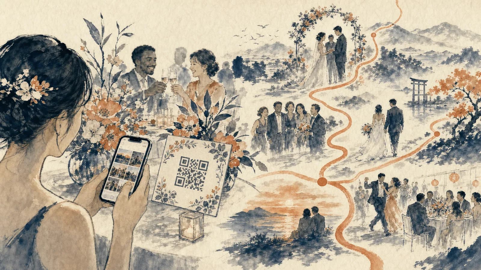Wedding guest scanning a QR code to add photos and videos to a digital guest book