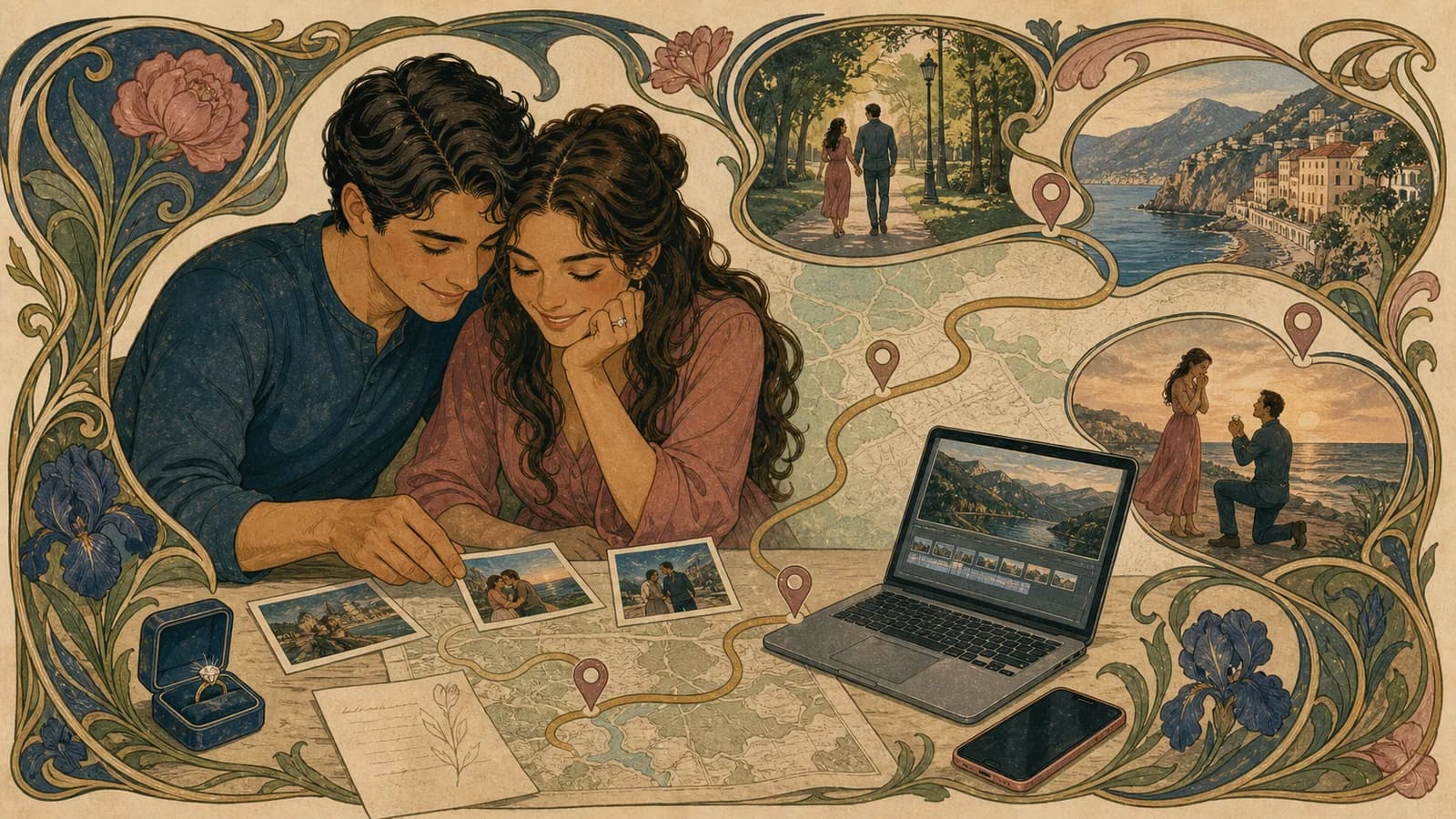 Couple planning an engagement video with photos, clips, and meaningful locations