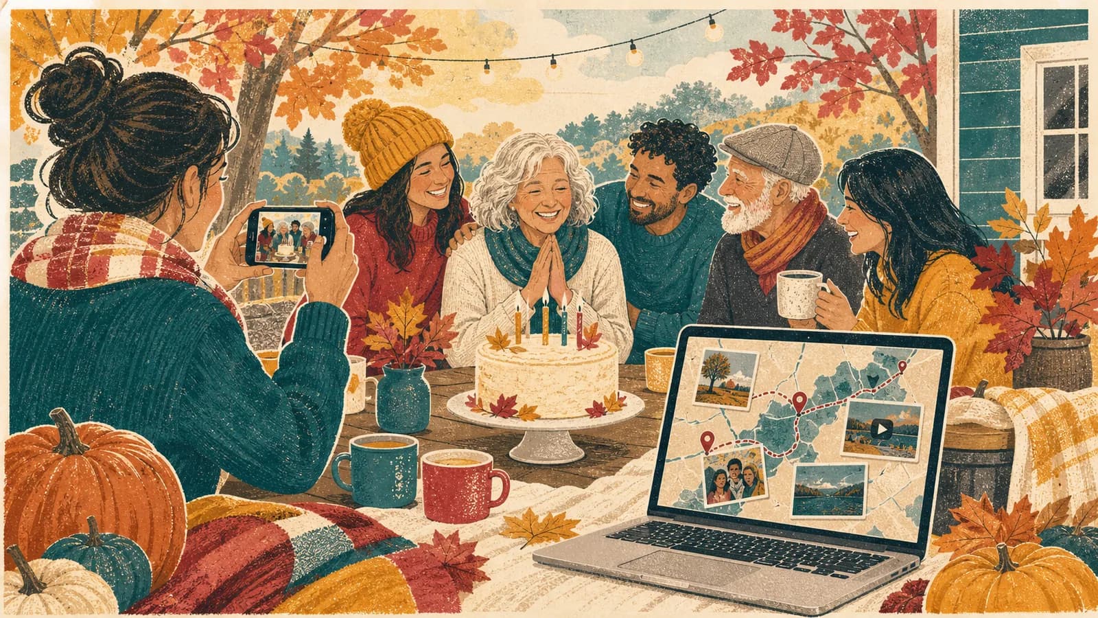 Friends sharing photos at a fall birthday party beside a cake and a map-based memory video