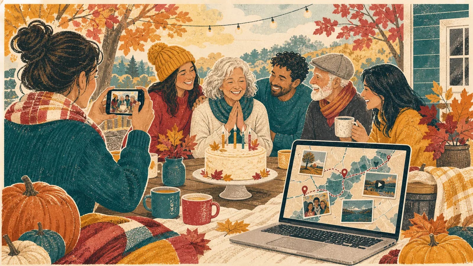 Friends sharing photos at a fall birthday party beside a cake and a map-based memory video