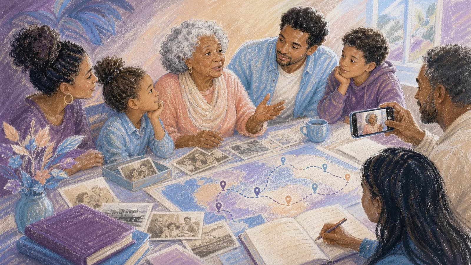 Family creating a family history map with old photos, notes, and meaningful locations