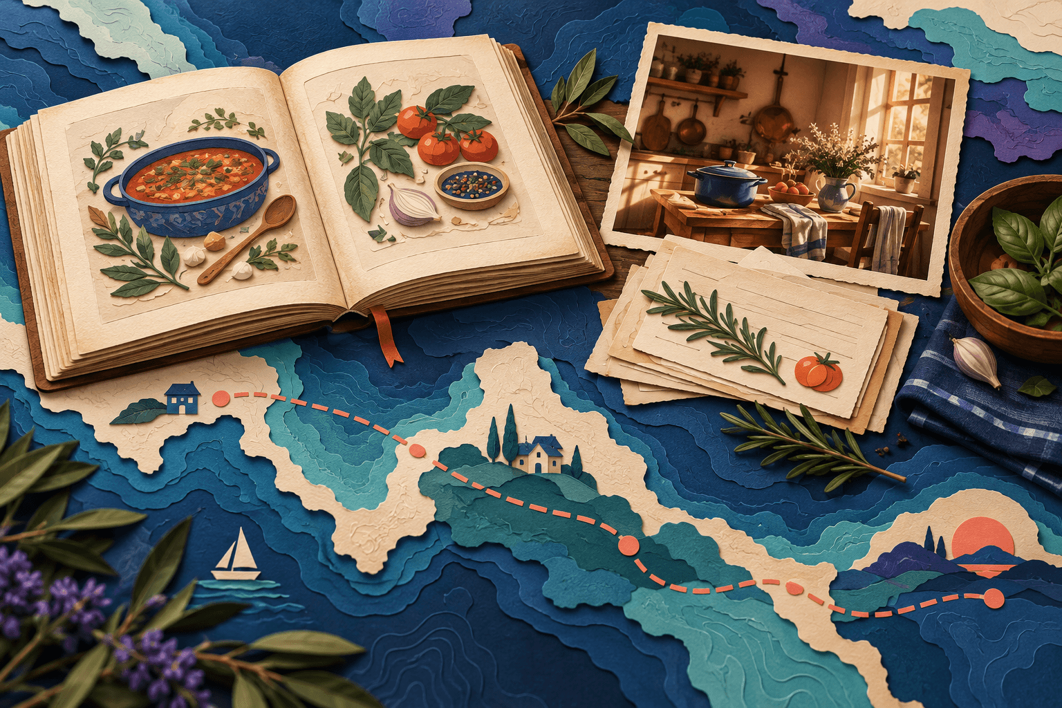 A recipe card and family photographs linked to three kitchen locations on a map.