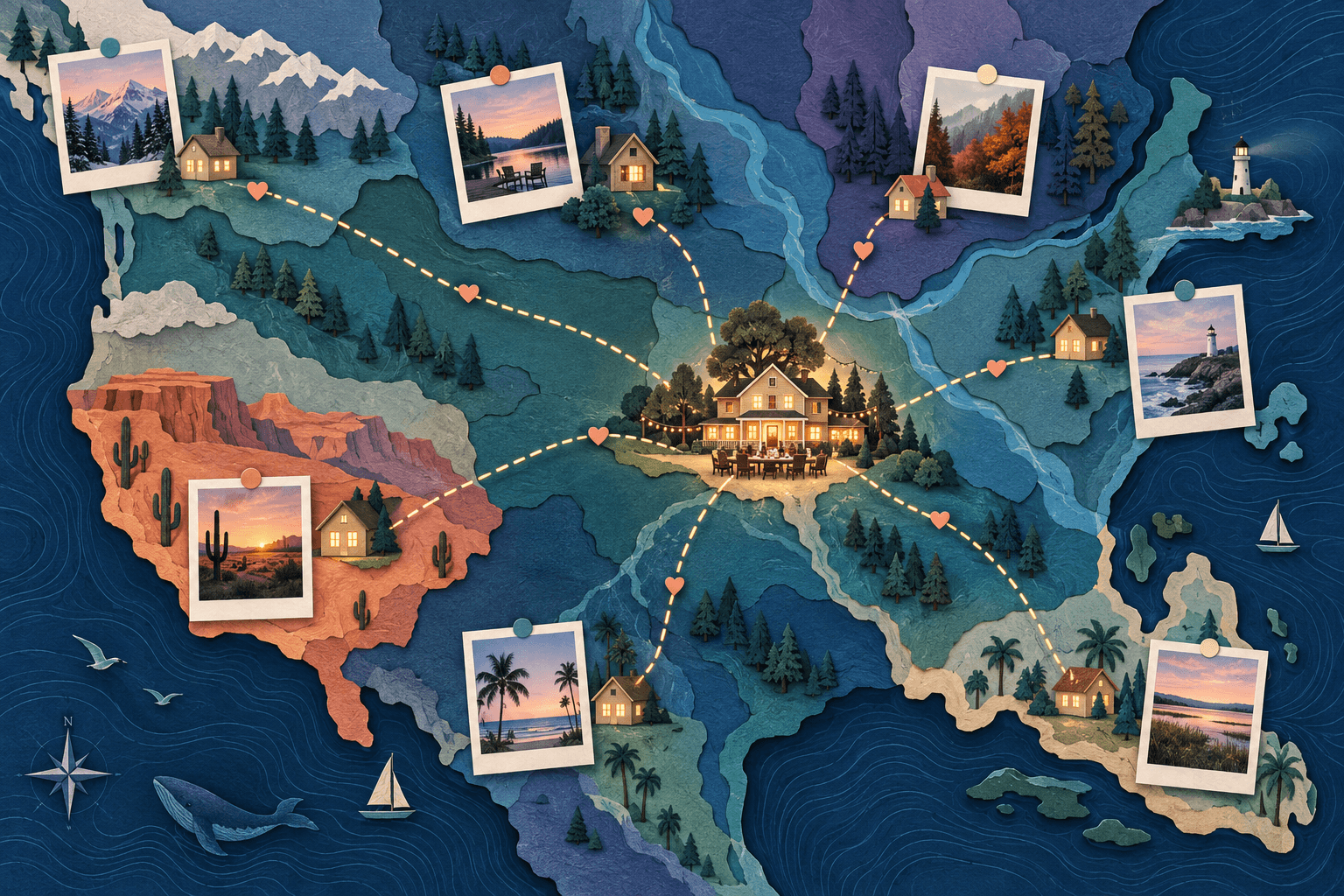 Family photo cards linked to city-level pins around a reunion map