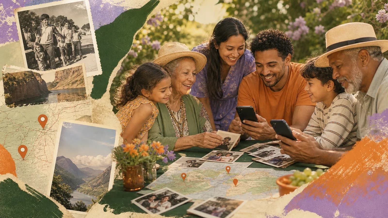 Relatives adding family reunion photos to a shared album at an outdoor gathering