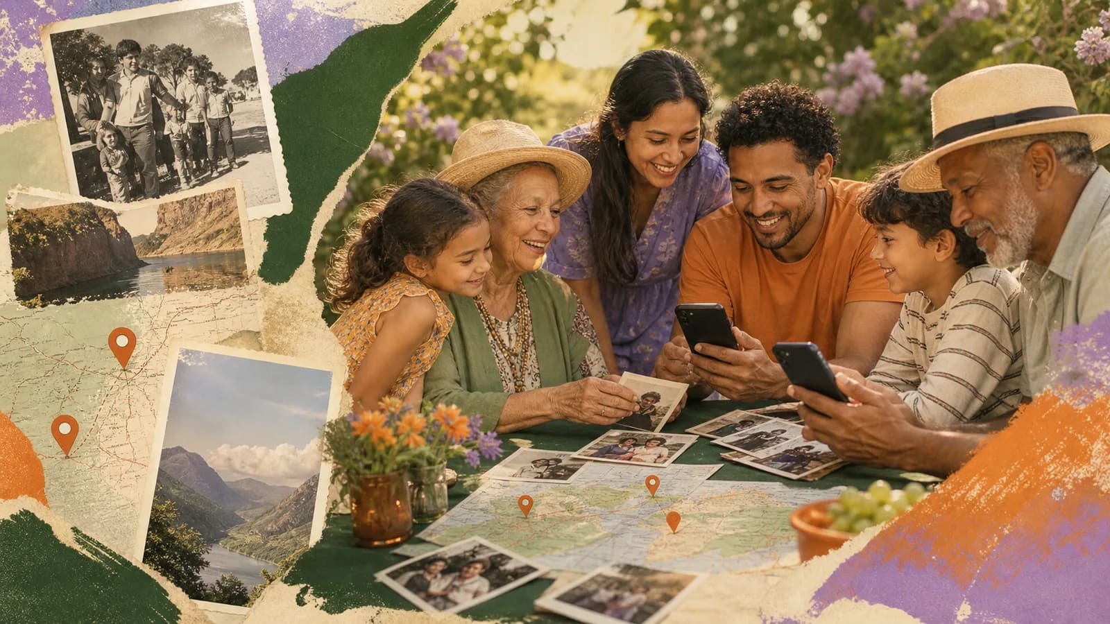 Relatives adding family reunion photos to a shared album at an outdoor gathering
