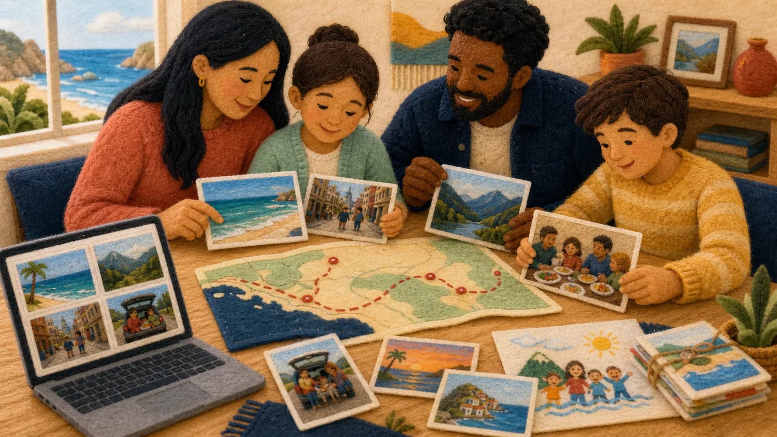 Family arranging vacation pictures and keepsakes beside a map and laptop