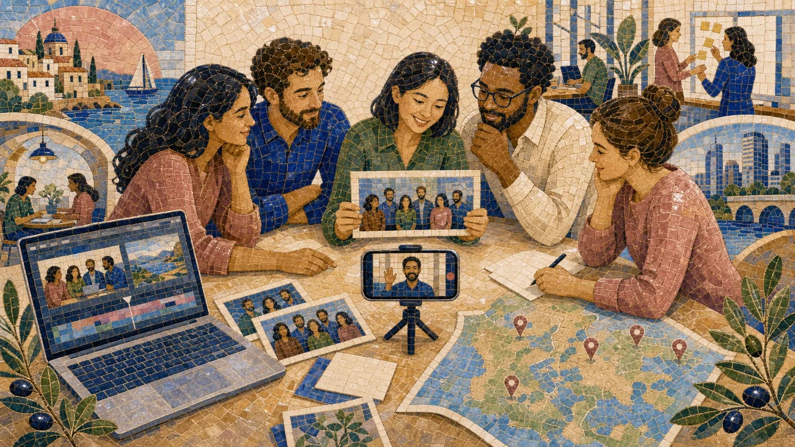 Team planning a farewell video for their boss with photos, messages, and work locations