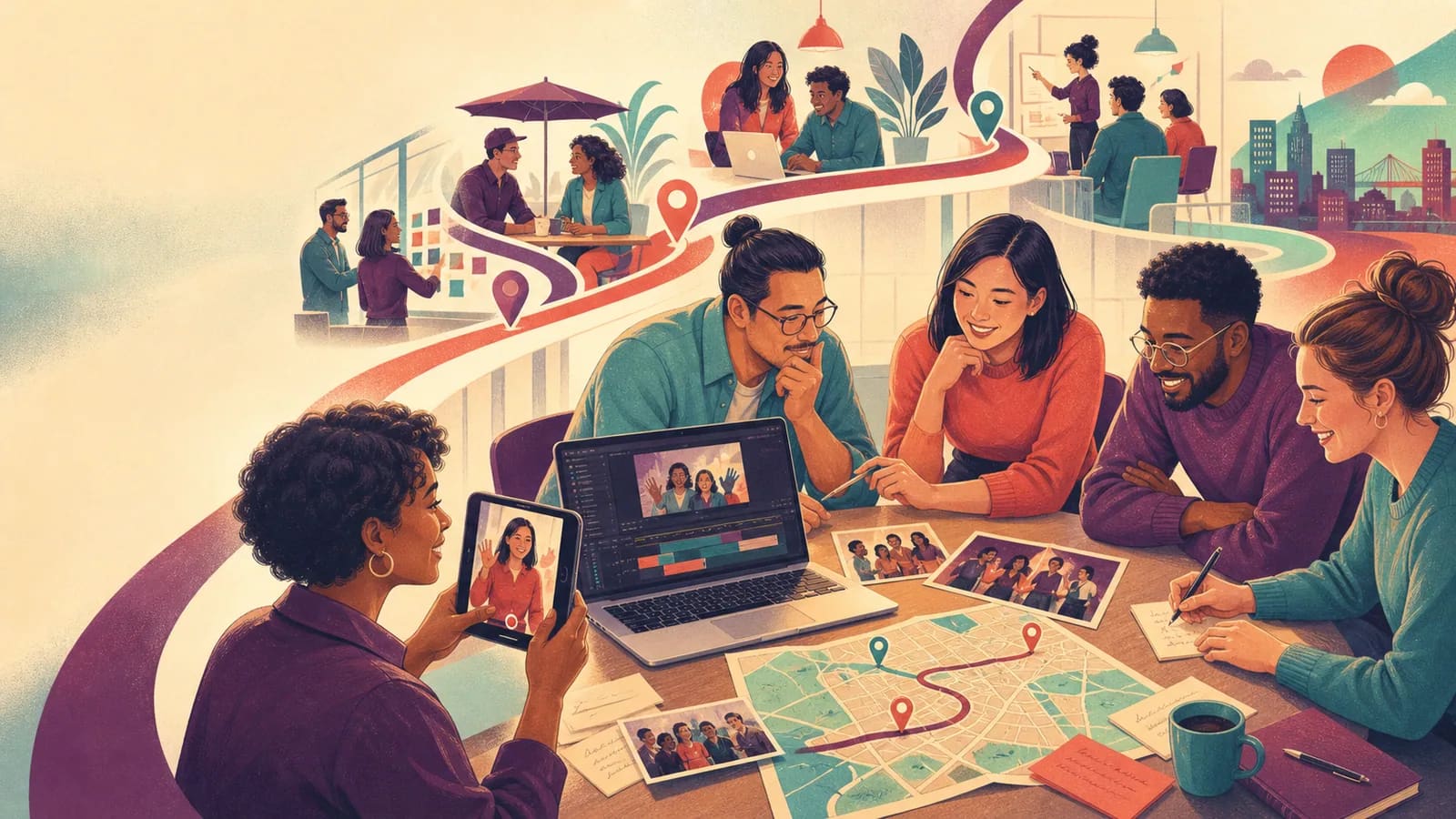Coworkers planning a farewell video with team photos, messages, and work locations