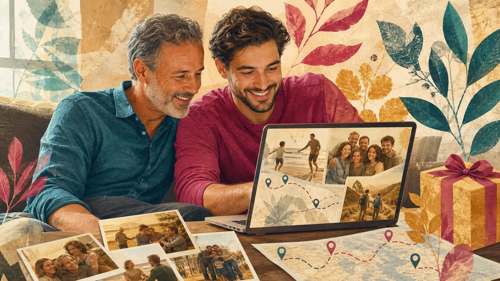 Father and adult child watching a Father’s Day video gift with family photos and mapped memories