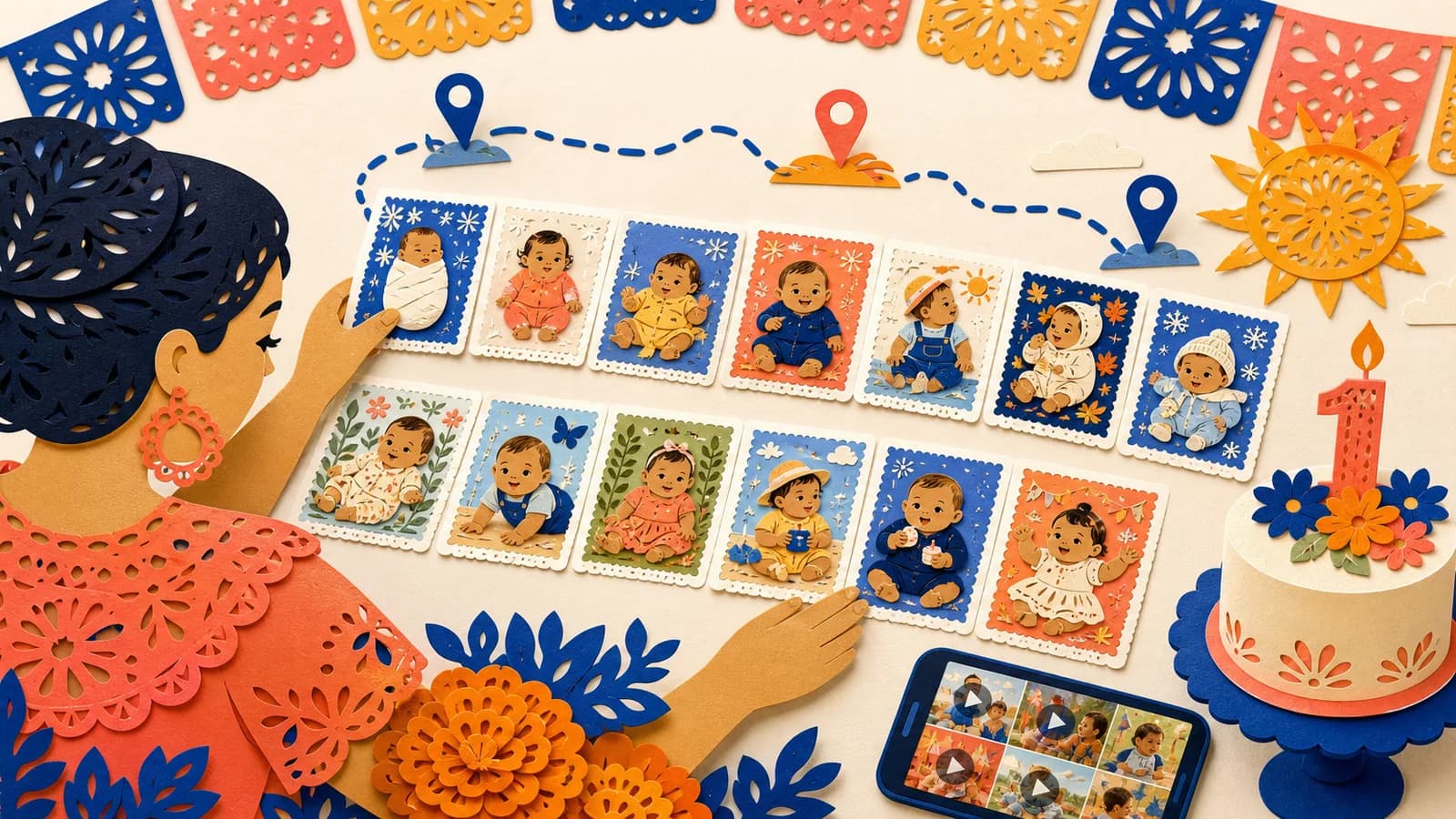 Parent planning a first birthday video with monthly baby photos and a memory map