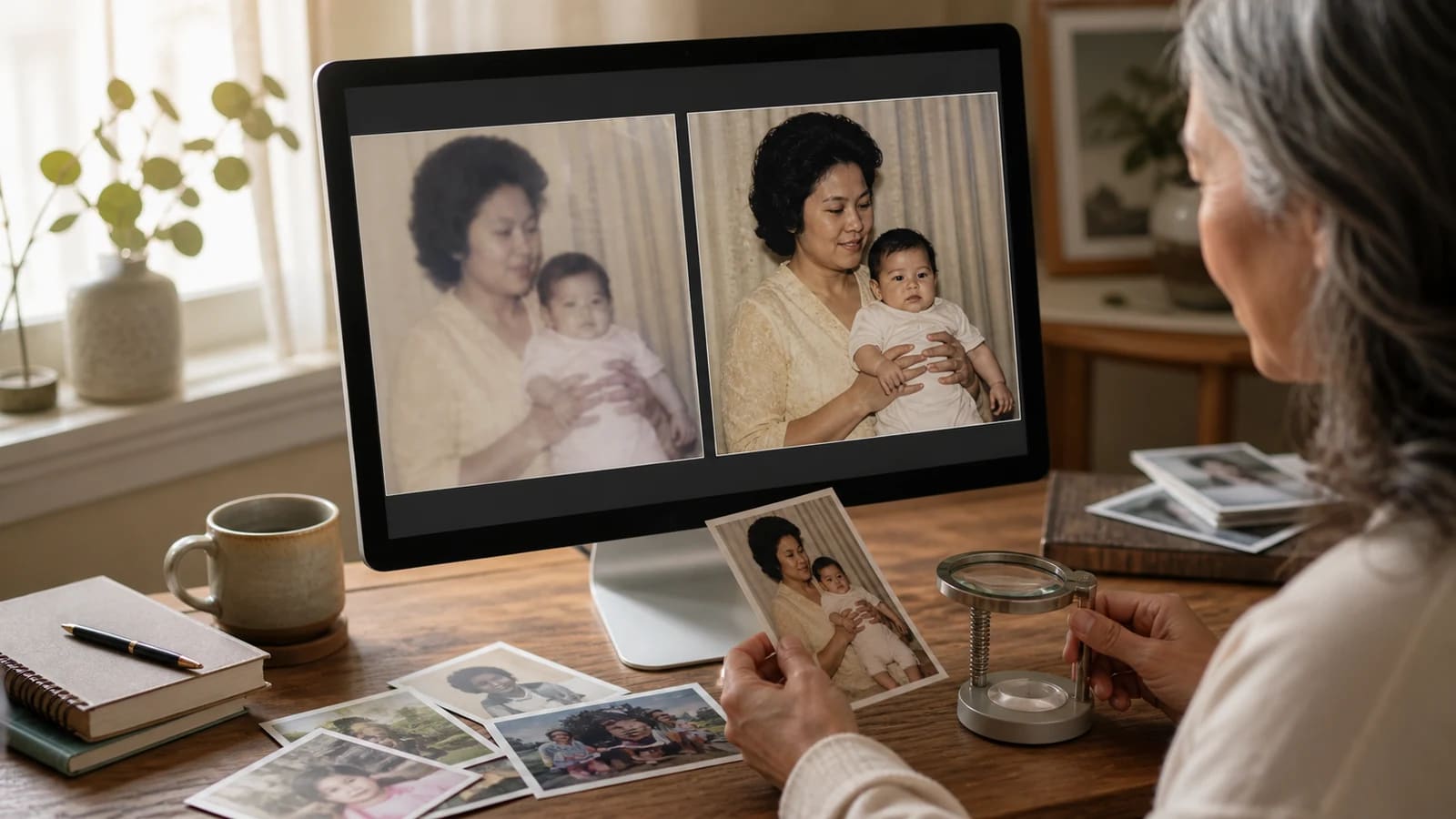 Illustrative editing scene with an old photograph and a presentation copy on a monitor; not a measured restoration comparison