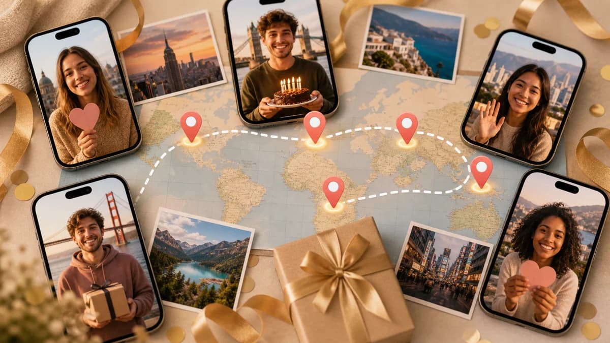 Friends happy birthday wishes collected from different places for a birthday map video