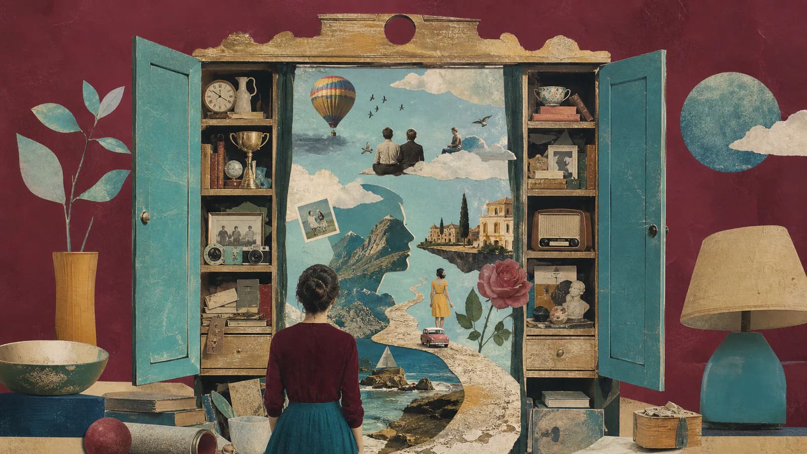 Surreal cabinet opening into a world of meaningful memories and places